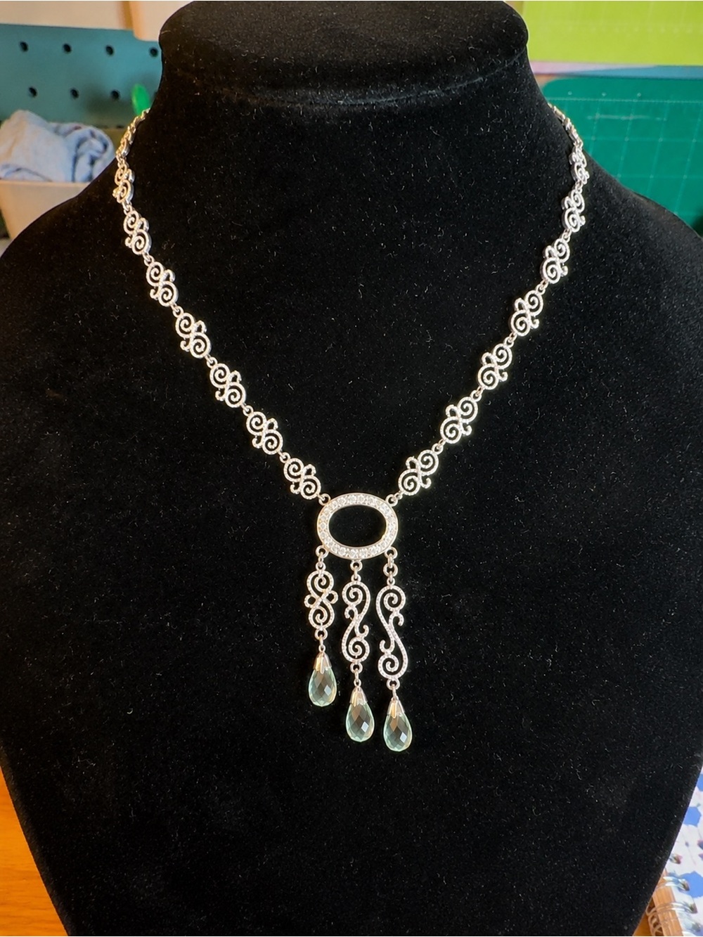 Silver 925 Moissanite Filigree Pendant Necklace with Light Blue Teardrop Drops -